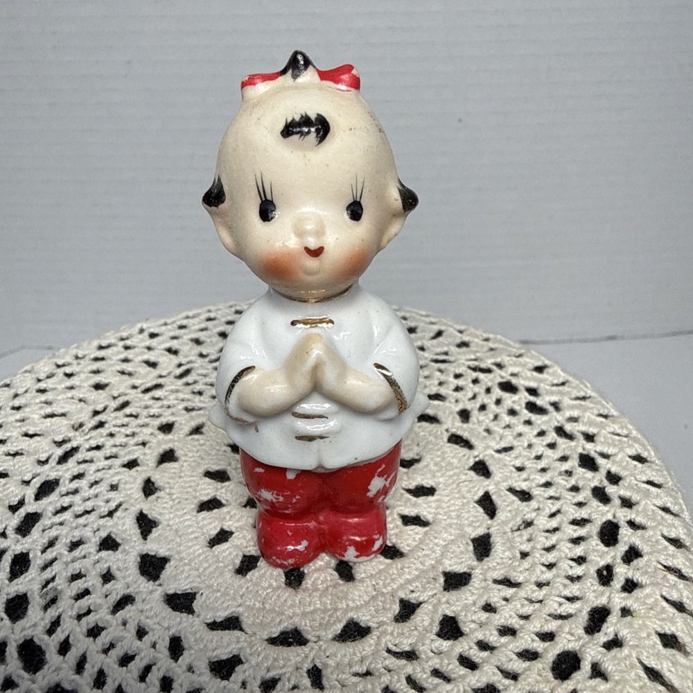 Vintage 3" Tall Japan Porcelain Kewpie Doll Girl Praying Hands Red and White